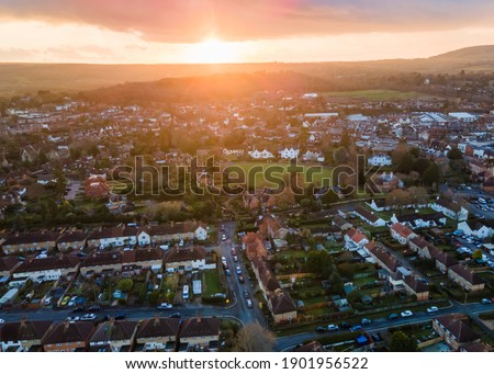 Aerial panoramic view of English market town in the Surrey Hills  Royalty-Free Stock Photo #1901956522