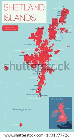 Shetland islands detailed editable map with regions cities and towns, roads and railways, geographic sites. Vector EPS-10 file