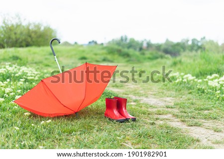 Boots and umbrella red on green grass in the field