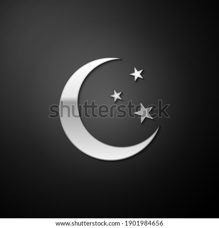 Silver Moon and stars icon isolated on black background. Long shadow style. Vector.
