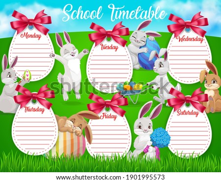 Education school timetable vector template with cartoon Easter bunnies with eggs and flowers on green field. Kids time table schedule for lessons with spring rabbits characters, weekly planner frame Royalty-Free Stock Photo #1901995573