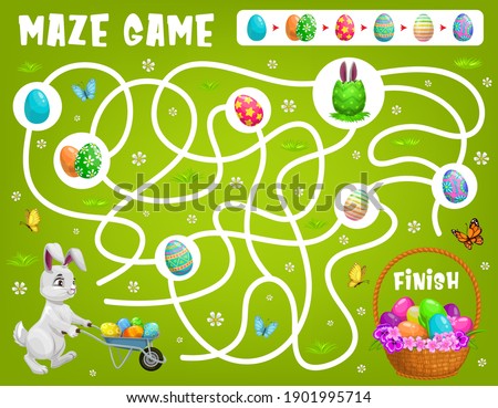 Kids maze game help Easter rabbit choose right path to get eggs. Vector labyrinth puzzle, find correct way board game. Task with tangled path and bunny. Educational children riddle, preschool activity Royalty-Free Stock Photo #1901995714