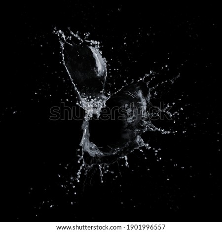 Clear water liquid splash with drops, isolated on a black background