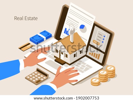 Character Buying new Home with Mortgage Approval Documents on Screen. People Invest Money in Real Estate Property. House Loan, Rent and Mortgage Concept. Flat Isometric Vector Illustration. Royalty-Free Stock Photo #1902007753