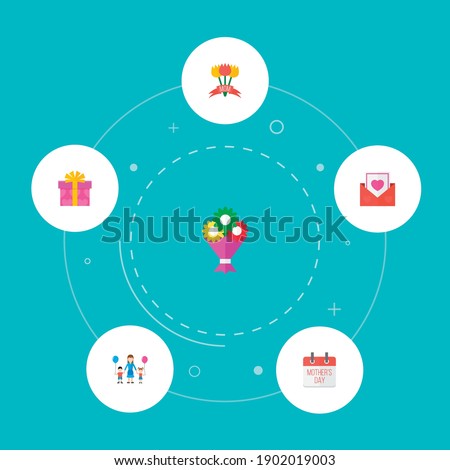 Happy mother's day icon flat layout design with flower, calendar and bouquet symbols. Lovely mom beautiful feminine design for social, web and print.