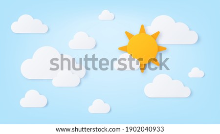 Paper sun and clouds. Summer sunny day, blue sky with white cloud. Nature cloudy scene in paper cut style. Good weather wallpaper vector art. Sun and cloudscape, cloud origami illustration Royalty-Free Stock Photo #1902040933