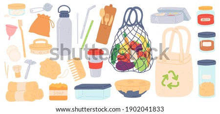 Zero waste. Reusable, plastic free and eco friendly products bags, bamboo straw, containers and wooden cutlery. Reduce garbage vector set. Eco reusable and recycle waste illustration Royalty-Free Stock Photo #1902041833