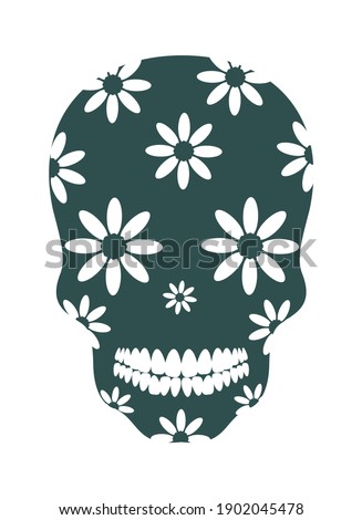 Decorative green skull with flowers on a white background. Template for printing on T-shirts, poster, pillows, gliders. Vector illustration.