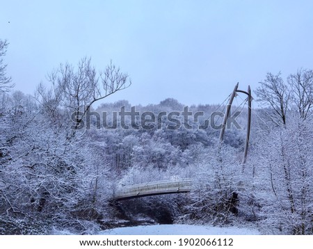 A wintery scene with a bridge 