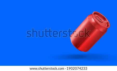 Flying red soda can on blue background. available  copy space for text. Royalty-Free Stock Photo #1902074233