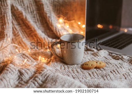 A cup of tea with cookies, a laptop on a couch with a blanket, cosy candid lights