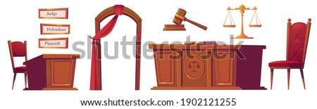 Courtroom objects set, wooden gavel, desk with scales and chairs, arch with red curtain, and plates for judge, defendant and plaintiff. Court room items isolated Cartoon vector illustration, icons