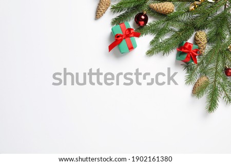 Flat lay composition with pinecones on white background. Space for text