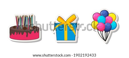 Birthday Party Sticker Collection Set Icon with Cake, Balloons and Gift Box. Vector Illustration