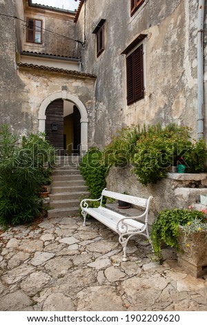 A vertical shot of a lovely garden with a white chair and green plants