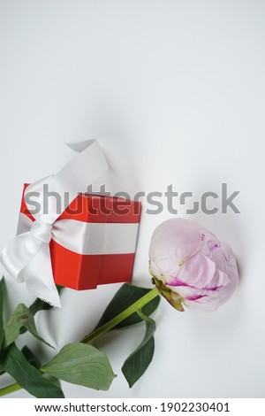 Spring composition with pink flower and red gift box on white background. Valentine day, Birthday, Woman or Mothers Day.