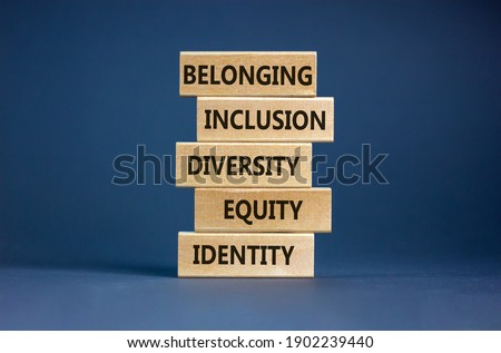 Equity, idenyity, diversity, inclusion, belonging symbol. Wooden blocks with words identity, equity, diversity, inclusion, belonging on beautiful grey background. Inclusion, belonging concept. Royalty-Free Stock Photo #1902239440