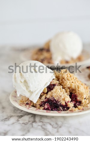 Blackberry and Blueberry Cobbler topped with a golden oatmeal crisp with ice cream. Extreme selective focus with blurred background.