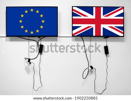 EU and UK flag on TV screen. Brexit concept