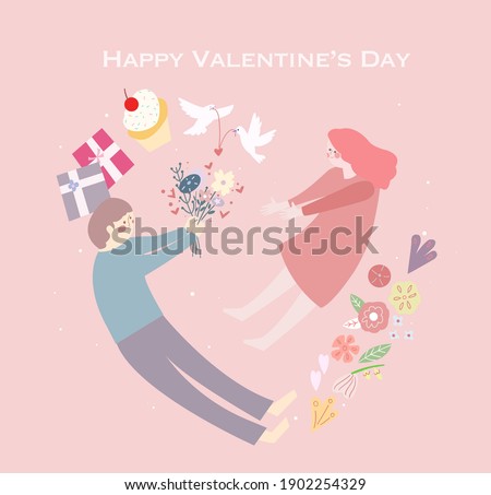 Sweet pastel Valentines day card poster illustration with cute couple, flowers, cupcake, presents, birds, hearts, love necklace
