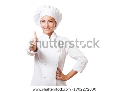 Gorgeous young brunette chef woman isolated on white background 