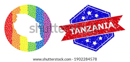 Dot bright spectral map of Tanzania collage created with circle and carved shape, and grunge seal. LGBT rainbow colored pixels around empty map of Tanzania. Bicolor seal uses red and blue colors,