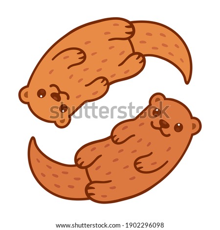 Cute otter couple swimming in yin yang shape. Two cartoon little otters, vector clip art illustration.