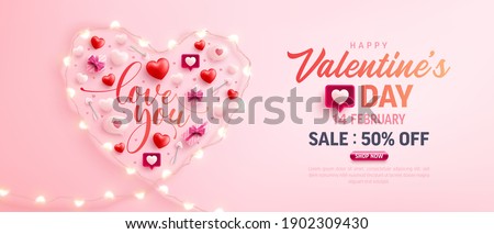 Happy Valentine's Day Sale Poster or banner with symbol of heart from LED String lights and valentine elements on pink background. Promotion and shopping template for love and Valentine's day concept Royalty-Free Stock Photo #1902309430
