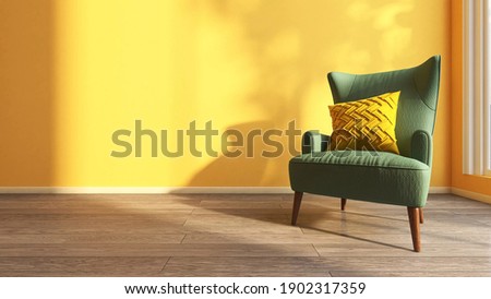 A cozy armchair with cushion pillow set beside a floor to ceiling window with evening sunlight shine through in a yellow living room. 3D rendering image, Mustard, Sample color Concept.