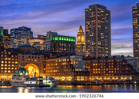 Boston skyline from Fan Pier at the fantastic twilight time with smooth water river in boston, Massachusetts, USA downtown skyline, Architecture and building with tourist and travel concept Royalty-Free Stock Photo #1902326746