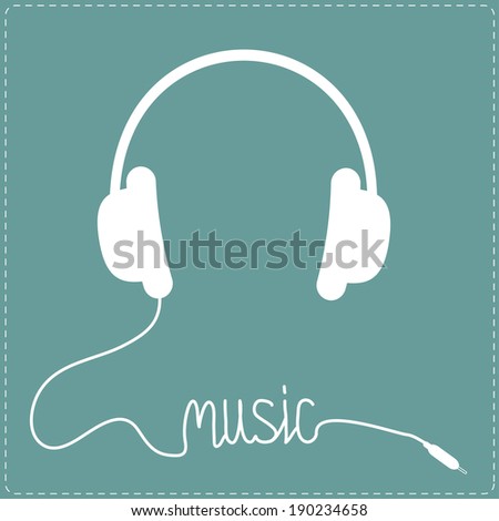 White headphones with cord in shape of word Music. Dash line. Card. Rasterized copy
