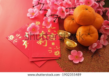 Chinese New Year festival concept. Mandarin oranges, red envelopes, and gold ingots on red background decorated with plum blossom. Chinese character "da ji da li" meaning great luck great profit.