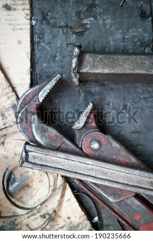 kit of adjustable metallic tools in auto shop