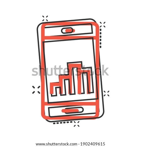 Phone diagram icon in comic style. Smartphone growth statistic cartoon vector illustration on white isolated background. Gadget analytics splash effect business concept.