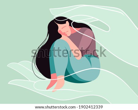 vector flat design illustration on the theme of mental health. a very sad girl needs psychological support. she may be a victim of domestic violence. helping hands reach out in her. mental healthcare. Royalty-Free Stock Photo #1902412339