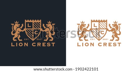 Luxury Lion crest heraldry logo. Elegant gold heraldic shield icon. Premium brand identity emblem. Royal coat of arms company label symbol. Modern vector illustration. Royalty-Free Stock Photo #1902422101