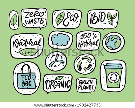 Zero Waste and ecological phrase and doodle elements. Hand drawn vector illustration. Isolated on green background.