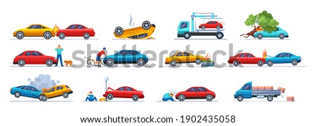 Road traffic accident. Car damaged vehicle transportation. Cyclist fell off bicycle colliding with car. Cargo spilled out of car. Collision hitting an people. Auto accident, motor vehicle crash Royalty-Free Stock Photo #1902435058