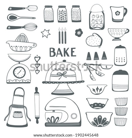 Baking kitchen icon set, vector illustrations of home cooking equipment, cute hand drawn black and white outlines. Design resource clip art.
