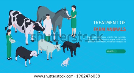 Treatment of farm animals horizontal web banner with veterinarians who care for pets isometric vector illustration