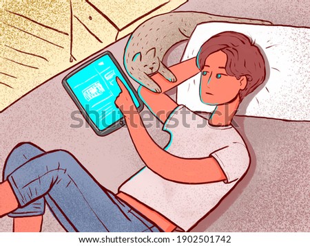 surfing the internet. teenager online, rest, pastime, lying on the couch, bed with a cat