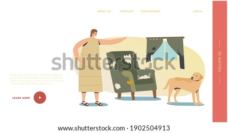 Angry Woman Scold Dog for Mess and Damaged Property in Room Landing Page Template. Female Character Pet Owner Kick Out Animal from Home for Bad Behaviour Pointing on Door. Cartoon Vector Illustration