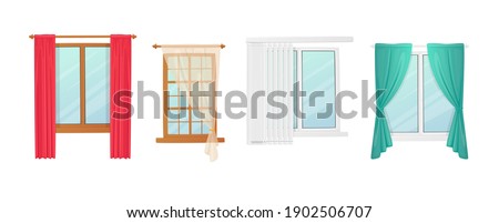 Set of Windows with Curtains and Jalousie Shutters, Interior Design Elements. Plastic or Wooden Frames with Fabric Drapery or Roller Blinds. White Pvc and Wood Brown Sills. Cartoon Vector Illustration