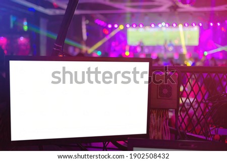 White blank screen with blue and pink event background and concert stage