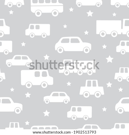 Seamless baby boy pattern in vector. Background with cars for paper, textile.