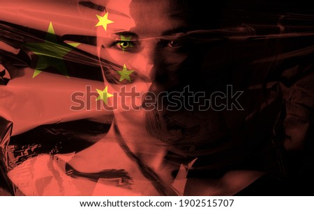 Girl in plastic bag and China flag