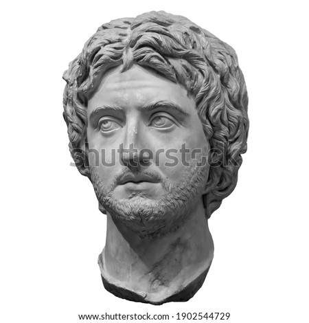 Ancient roman marble portrait of a boy. Young man head statue isolated on white background. Antique sculpture