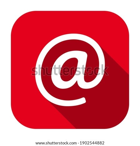 Red flat rounded square email icon, button with long shadow isolated on a white background. Vector illustration.