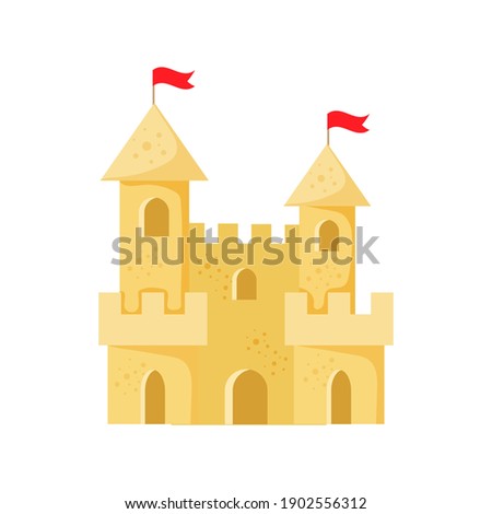 Beach sand castle vector illustration in a cartoon flat style isolated on white background. Fort of fortress with towers? gates and flag