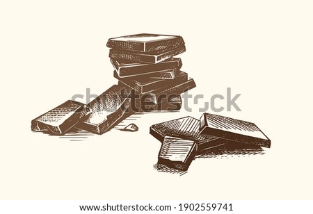 Hand-drawn illustration. Pieces of dark chocolate. A pyramid of broken chocolate bars. The sketch is one-color. Vector.